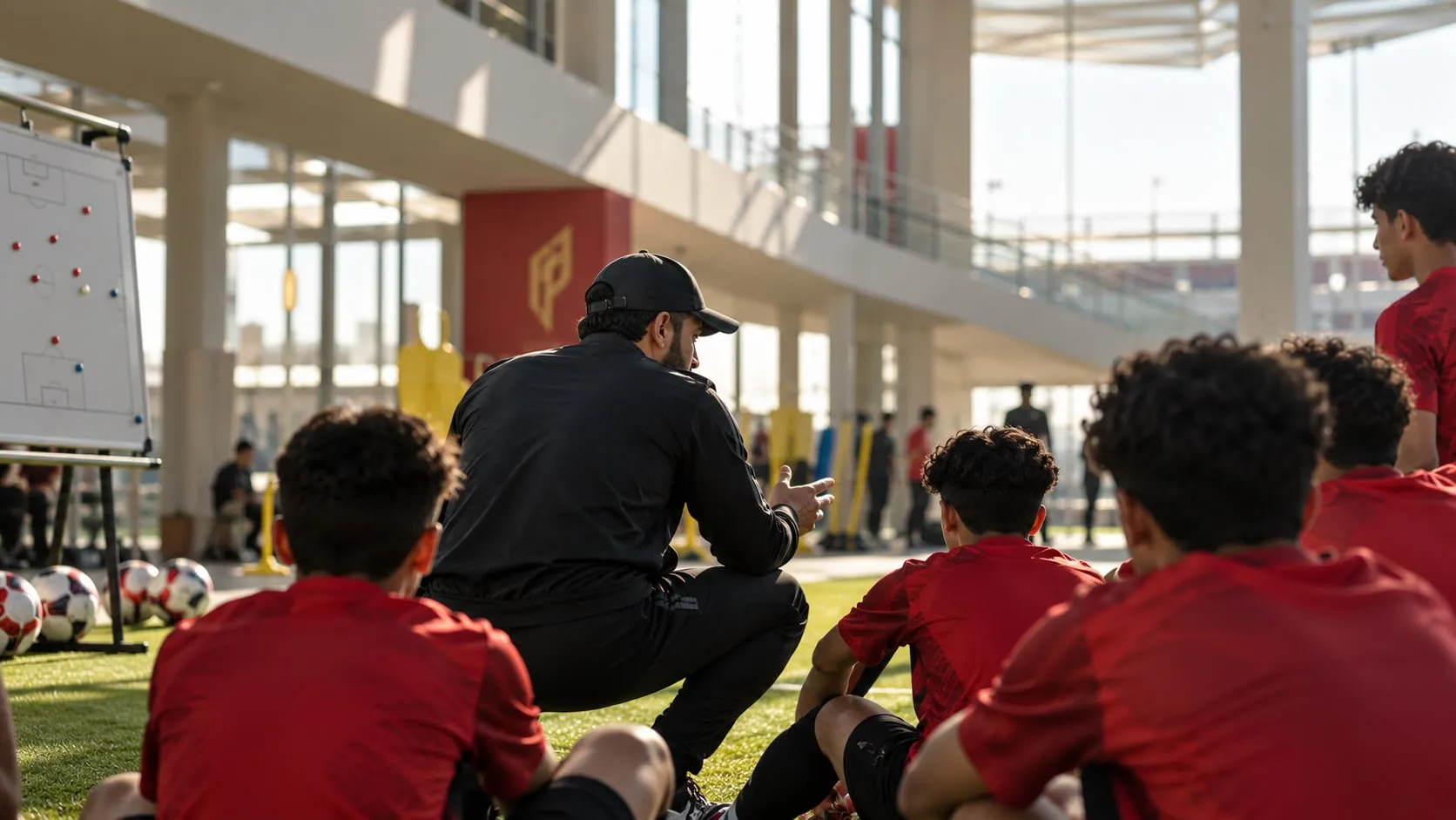 A coach crouching to talk with young footballers seated on the grass beside a tactics board
