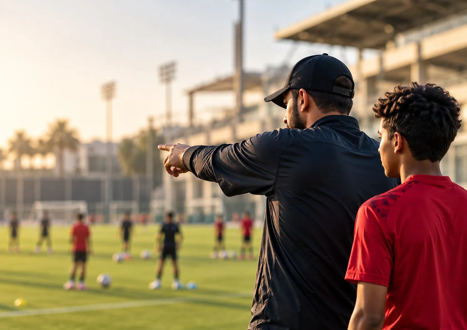 A coach pointing across the training pitch while a young player looks on