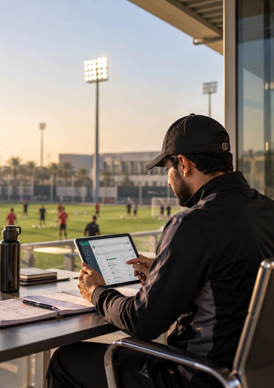 A coach reviewing information on a tablet at a desk overlooking a youth training session
