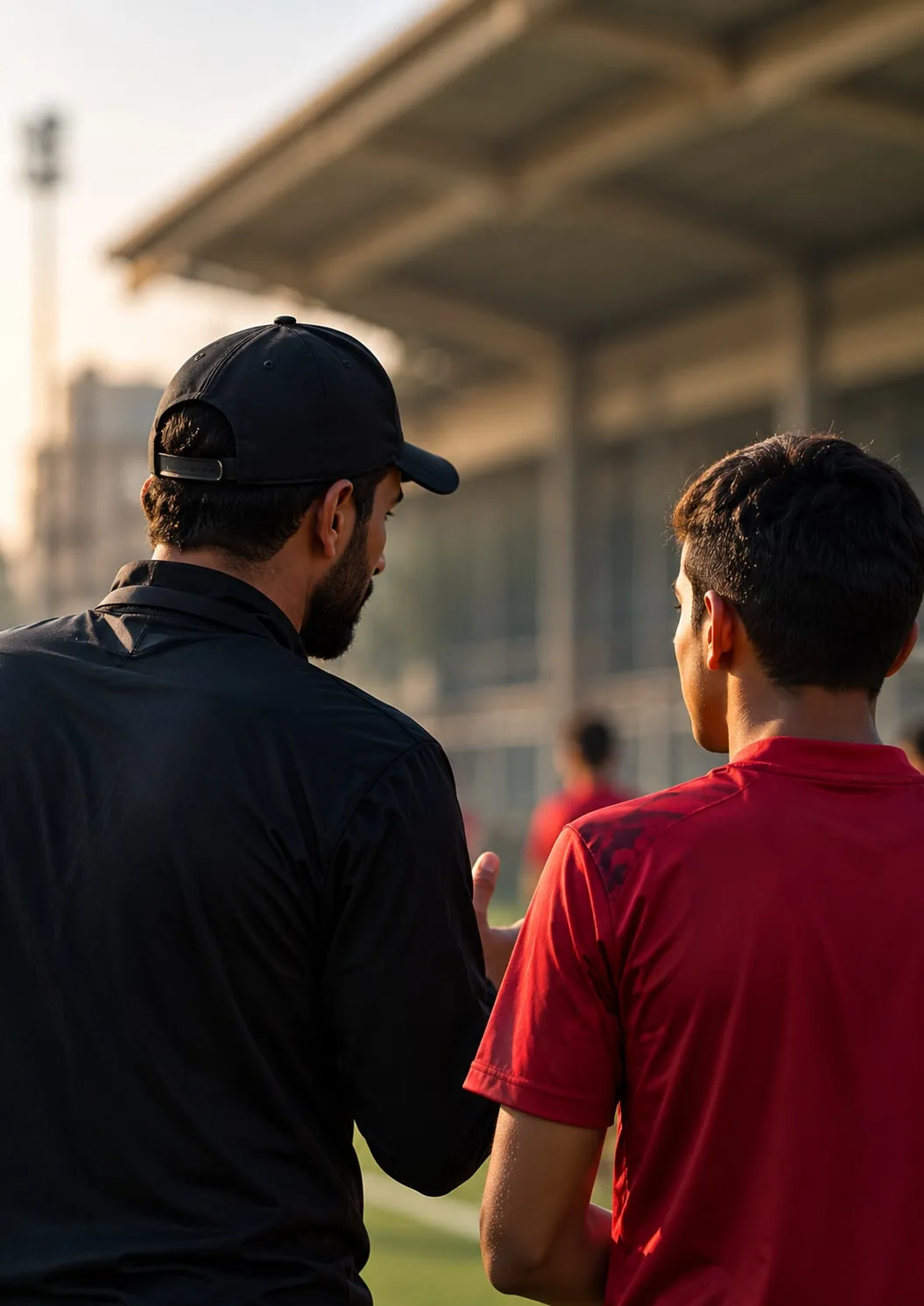 A coach in a black cap talking one-to-one with a young player beside a stadium stand