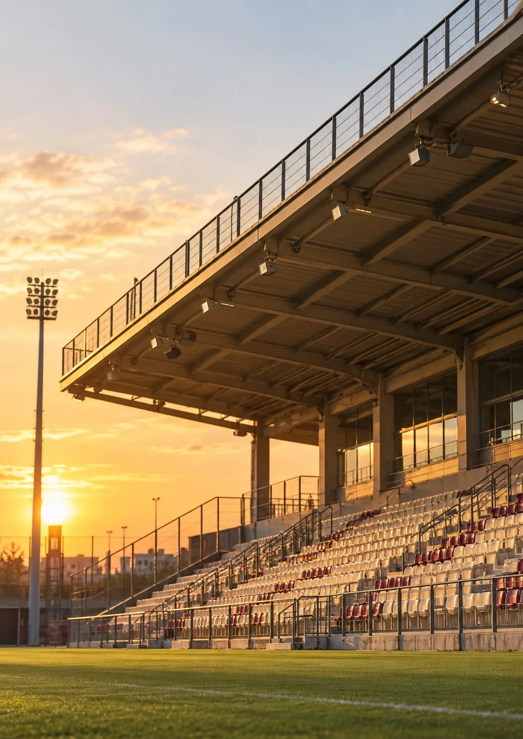 An empty football stadium stand and floodlight at sunset