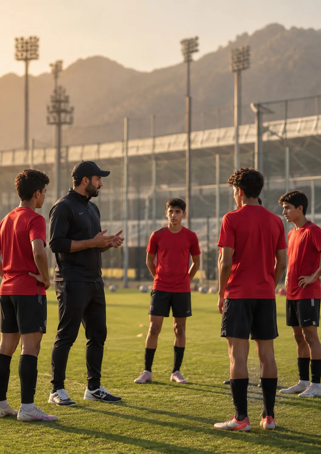 A football coach talking with a group of young players in red training kits on a grass pitch at sunset